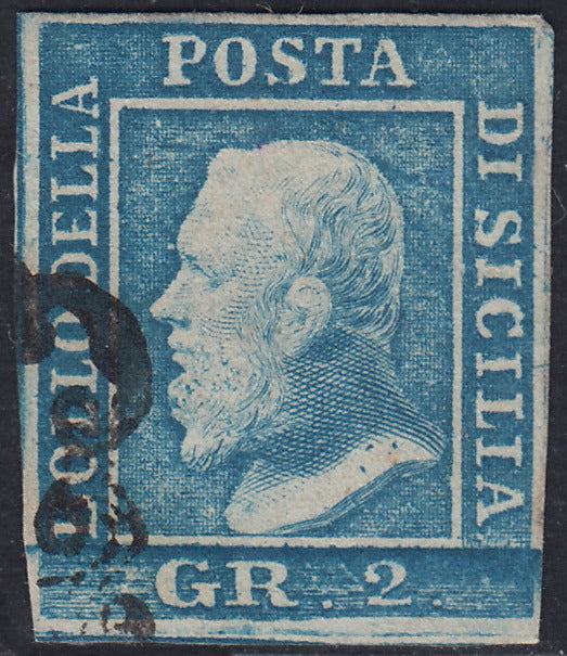 SIC233 - 1859 - Effigie di Federico II di Borbone, 2 grana azzurro I tavola carta di Palermo posizione 95 usato (6)