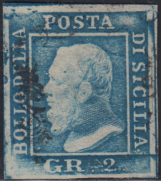 SIC235 - 1859 - Effigie di Federico II di Borbone, 2 grana azzurro I tavola carta di Palermo pos. 56 usato (6)