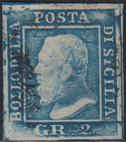 SIC235 - 1859 - Effigie di Federico II di Borbone, 2 grana azzurro I tavola carta di Palermo pos. 56 usato (6)