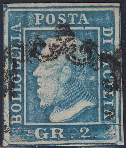 SIC237 - 1859 - Effigie di Federico II di Borbone, 2 grana azzurro I tavola carta di Napoli pos. 76 usato (6a)