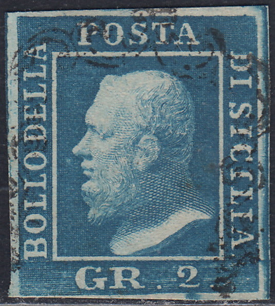 SIC265 - 1859 - Effigie di Federico II di Borbone, 2 grana cobalto I tavola carta di Napoli pos.21 usato (6b)