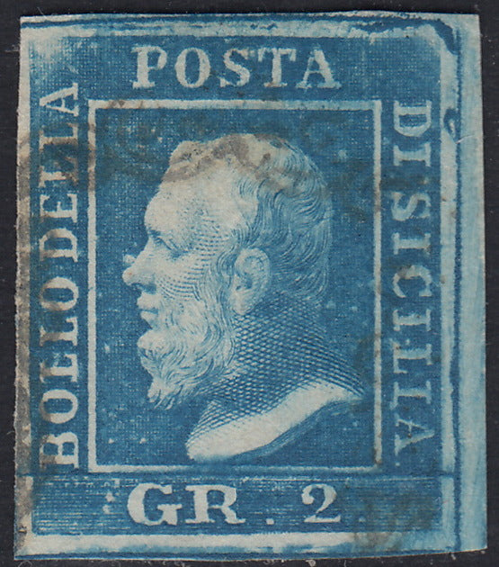 SIC294- 1859 - Effigie di Federico II di Borbone, 2 grana azzurro vivo I tavola carta di Napoli posizione 10 usato (6f)