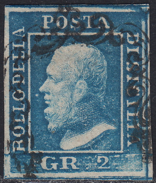 SIC299 - 1859 - Effigie di Federico II di Borbone, 2 grana azzurro vivo I tavola carta di Napoli usato (6f)