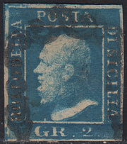 SIC329 - 1859 - Effigie di Federico II di Borbone, 2 grana cobalto scuro I tavola carta di Napoli pos. 82 usato, RITOCCO (6c)