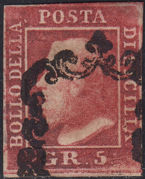 SIC361 -  1859 - Effigie di Ferdinando II di Borbone, gr. 5 rosso brunastro I tavola carta di Napoli usato. (9d)