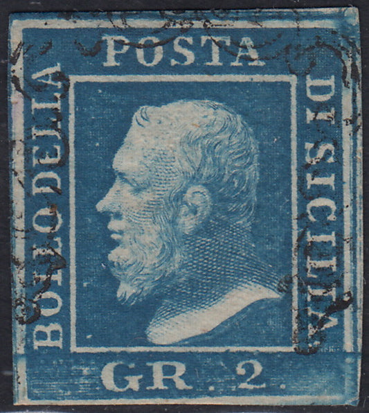 SIC363 - 1859 - Effigie di Federico II di Borbone, 2 grana azzurro vivo I tavola carta di Napoli pos. 84 usato, RITOCCO (6f)
