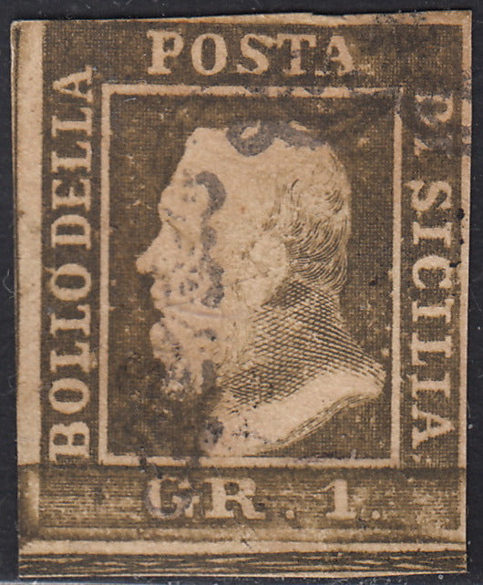 SIC369 - 1859 - Effigie di Federico II di Borbone, 1 gr. bruno olivastro I tavola carta di Napoli usato (3d)