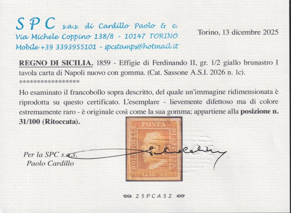 1859 - 10 grain indigo black paper from Naples new with original gum (12a) 