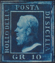 SIC377 - 1859 - Effigie di Federico II di Borbone, 10 grana azzurro cupo carta di Napoli usato (12)