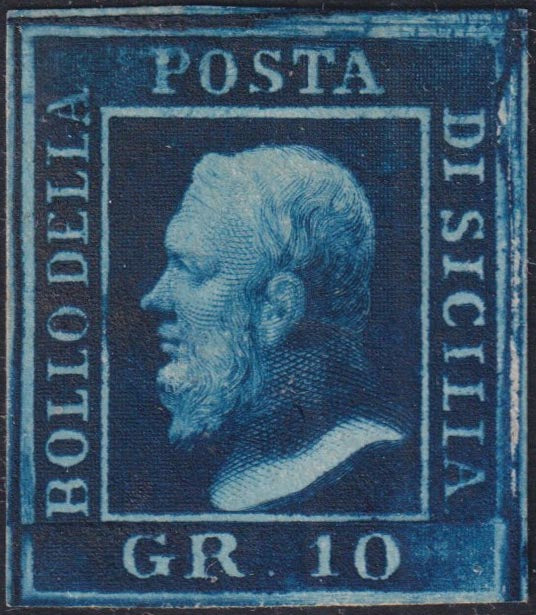 SIC377 - 1859 - Effigie di Federico II di Borbone, 10 grana azzurro cupo carta di Napoli usato (12)