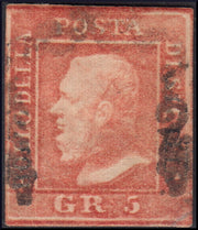 SIC40 - 1859 - Effigie di Federico II di Borbone, 5 gr. vermiglio chiaro I tavola usato con annullo originale (10)