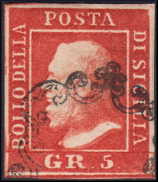 SIC44 - 1859 - Effigie di Federico II di Borbone, 5 gr. vermiglio vivo II tavola usato con annullo originale (11a)