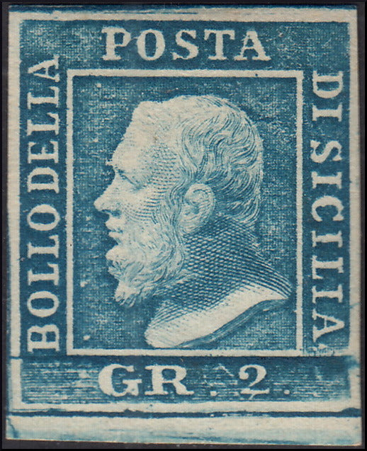 SIC67 - 1859 - Effigie di Federico II di Borbone, 2 grana azzurro I tavola carta di Palermo pos. 97 nuovo (6)