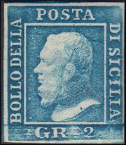 SIC73 - 1859 - Effigie di Federico II di Borbone, 2 grana azzurro I tavola carta di Palermo nuovo (6)