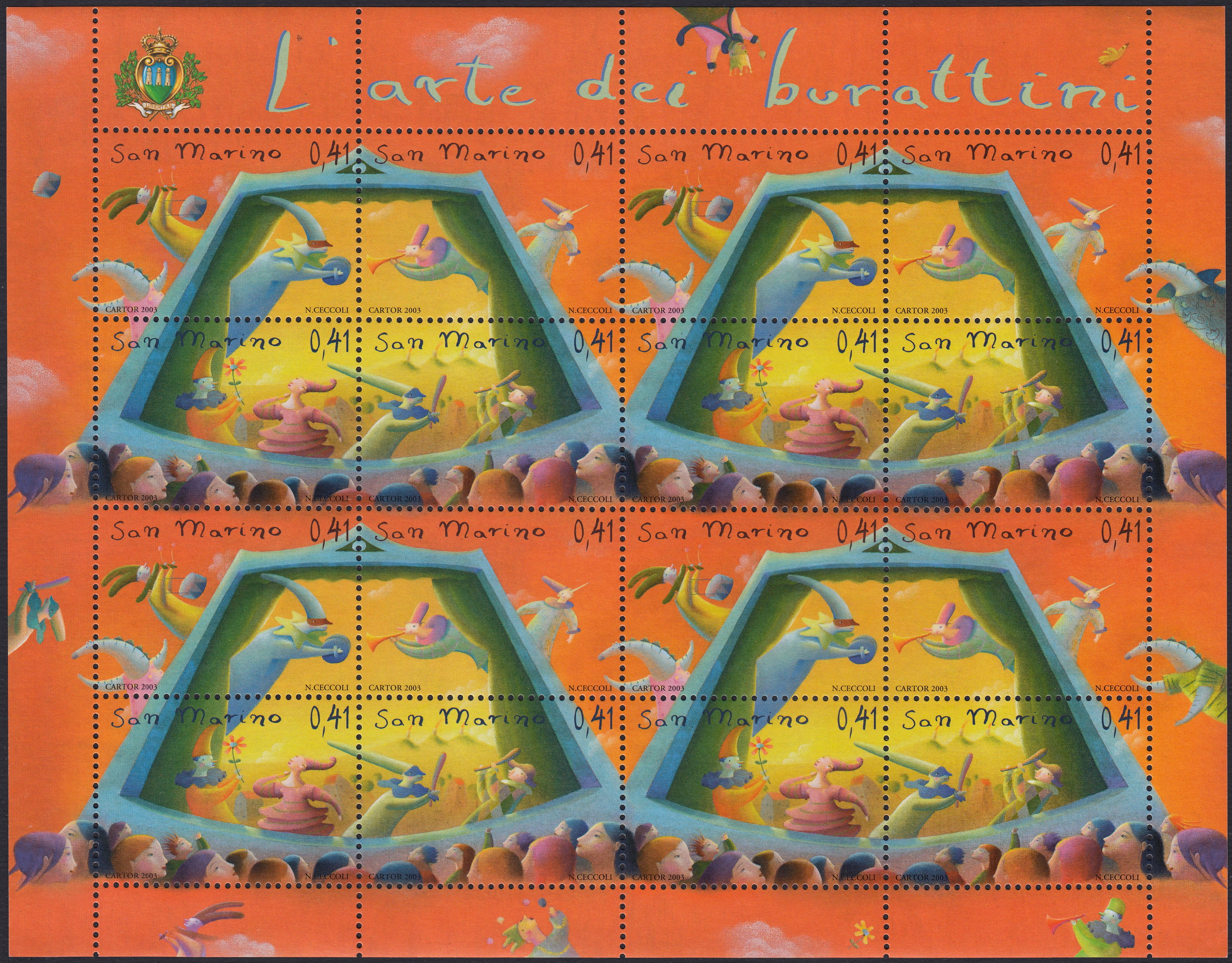 SM102 - 2003 - L'arte dei Burattini, foglietto di 16 esemplari comprendente quattro blocchi di quattro (1954/1957)