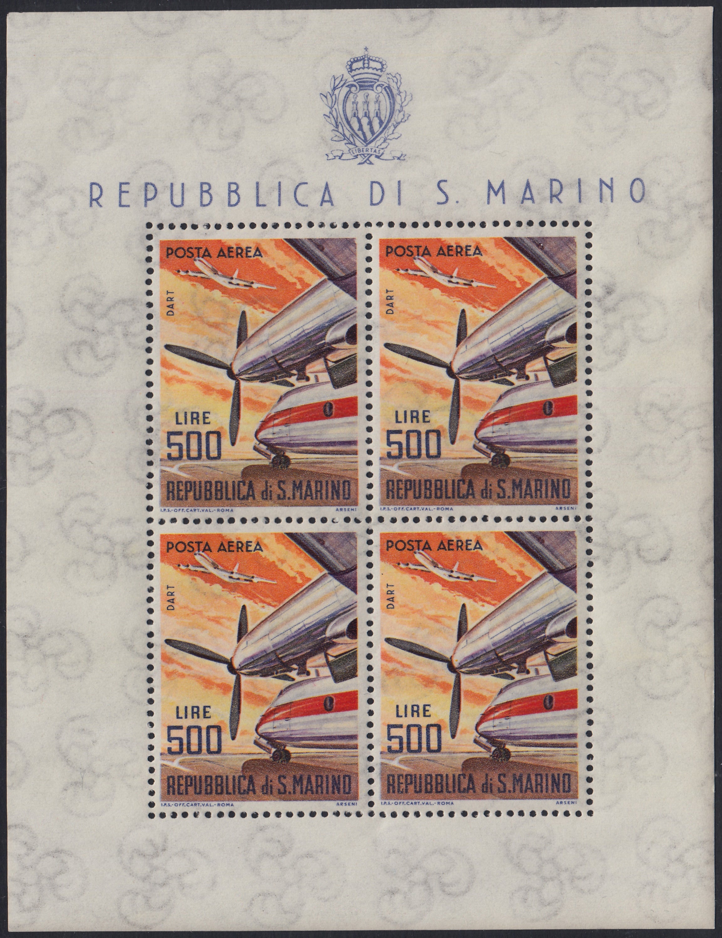 SM105 - 1965 - Aerei moderni, francobollo di Posta Aerea n. 149 in foglietto da 4 esemplari nuovo gomma integra (F26)