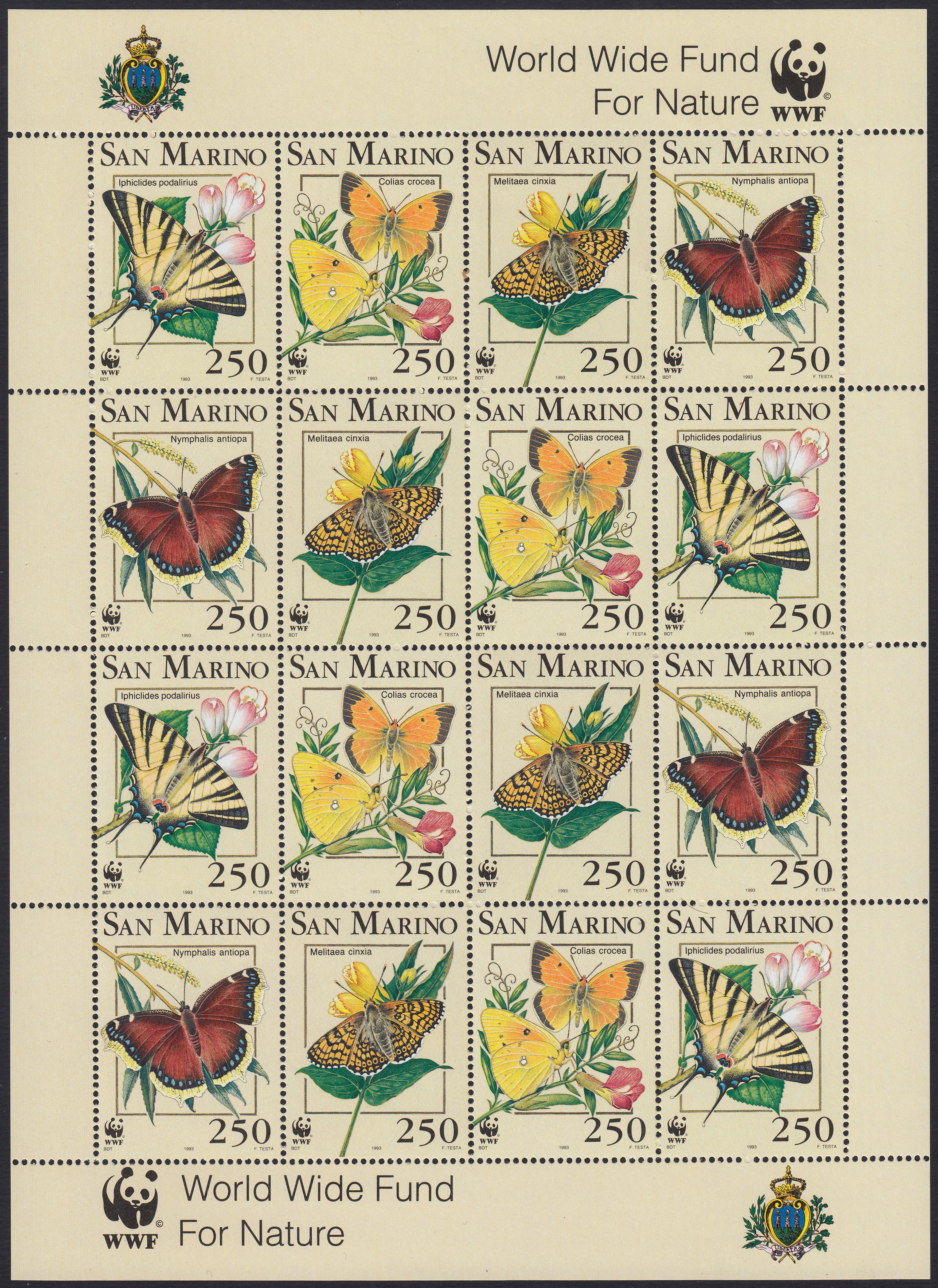 SM107 - 1993 - Animali da proteggere, farfalle, foglietto da 16 esemplari nuovo con gomma integra (1378/1381)