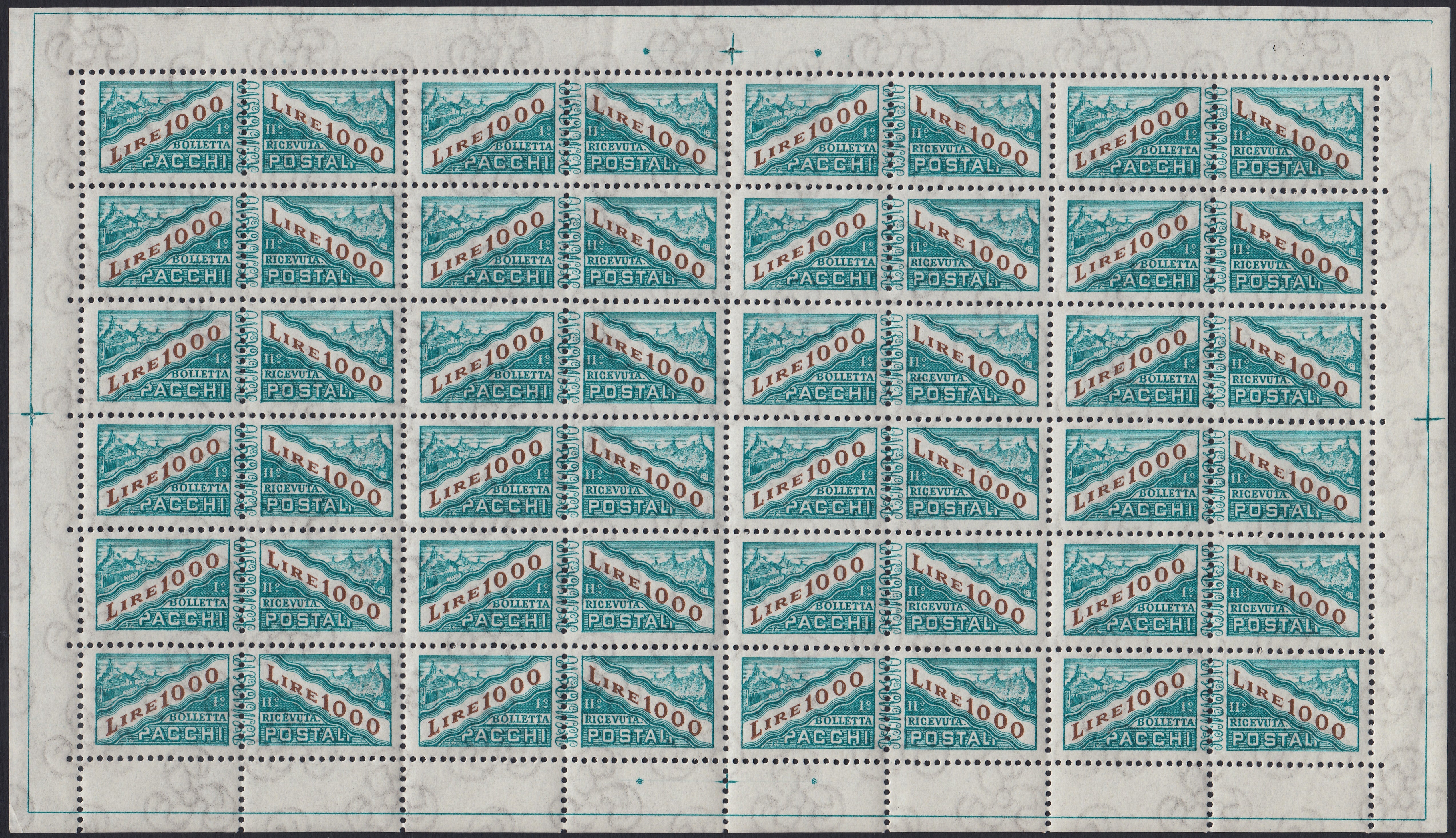 SM44 - 1947 - Centennial of the First United States Postage Stamp, 3L. gray red and blue complete sheet of 40 copies with the first row on the right with additional perforation, new intact (331, 331ec)