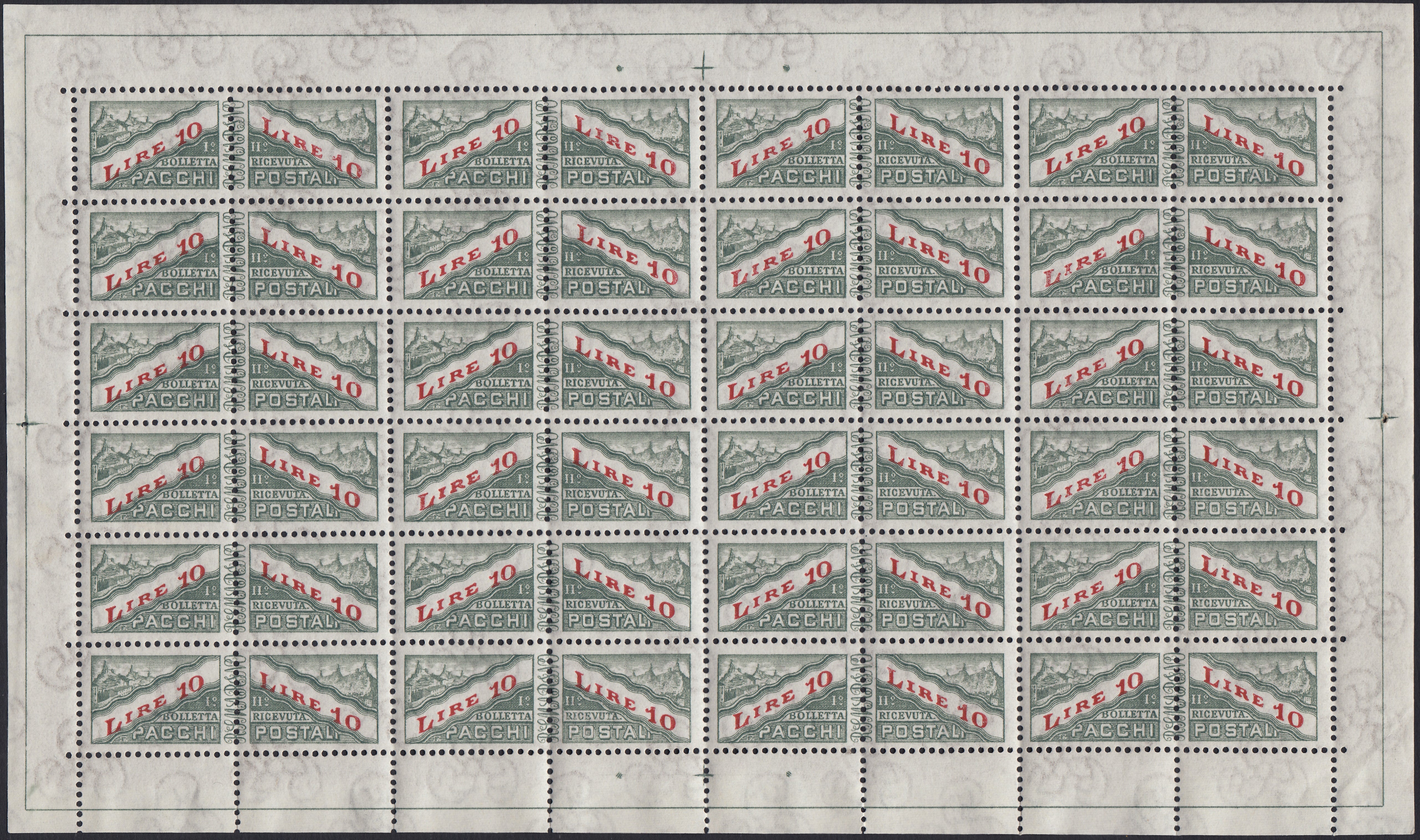 SM44 - 1947 - Centennial of the First United States Postage Stamp, 3L. gray red and blue complete sheet of 40 copies with the first row on the right with additional perforation, new intact (331, 331ec)