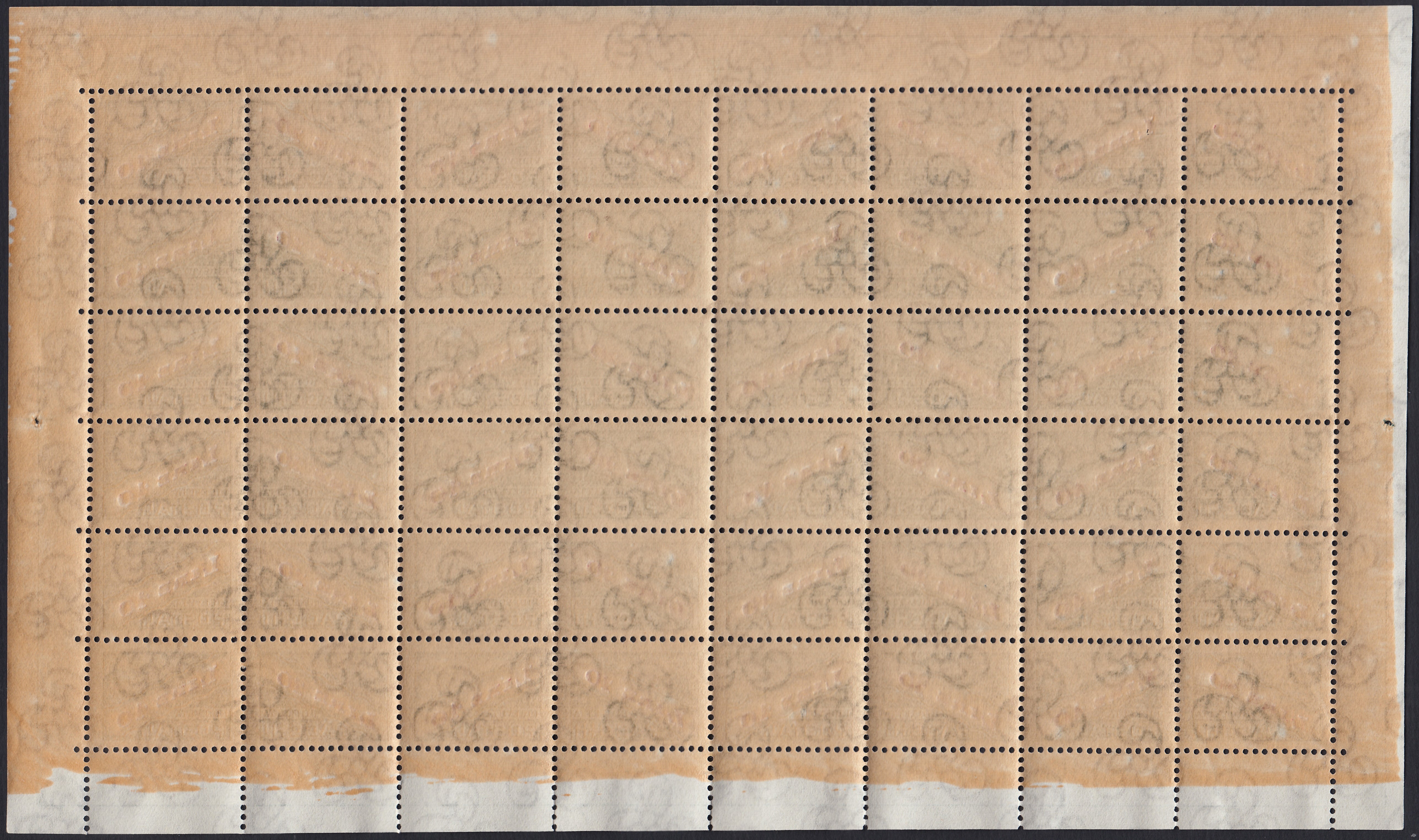 SM44 - 1947 - Centennial of the First United States Postage Stamp, 3L. gray red and blue complete sheet of 40 copies with the first row on the right with additional perforation, new intact (331, 331ec)