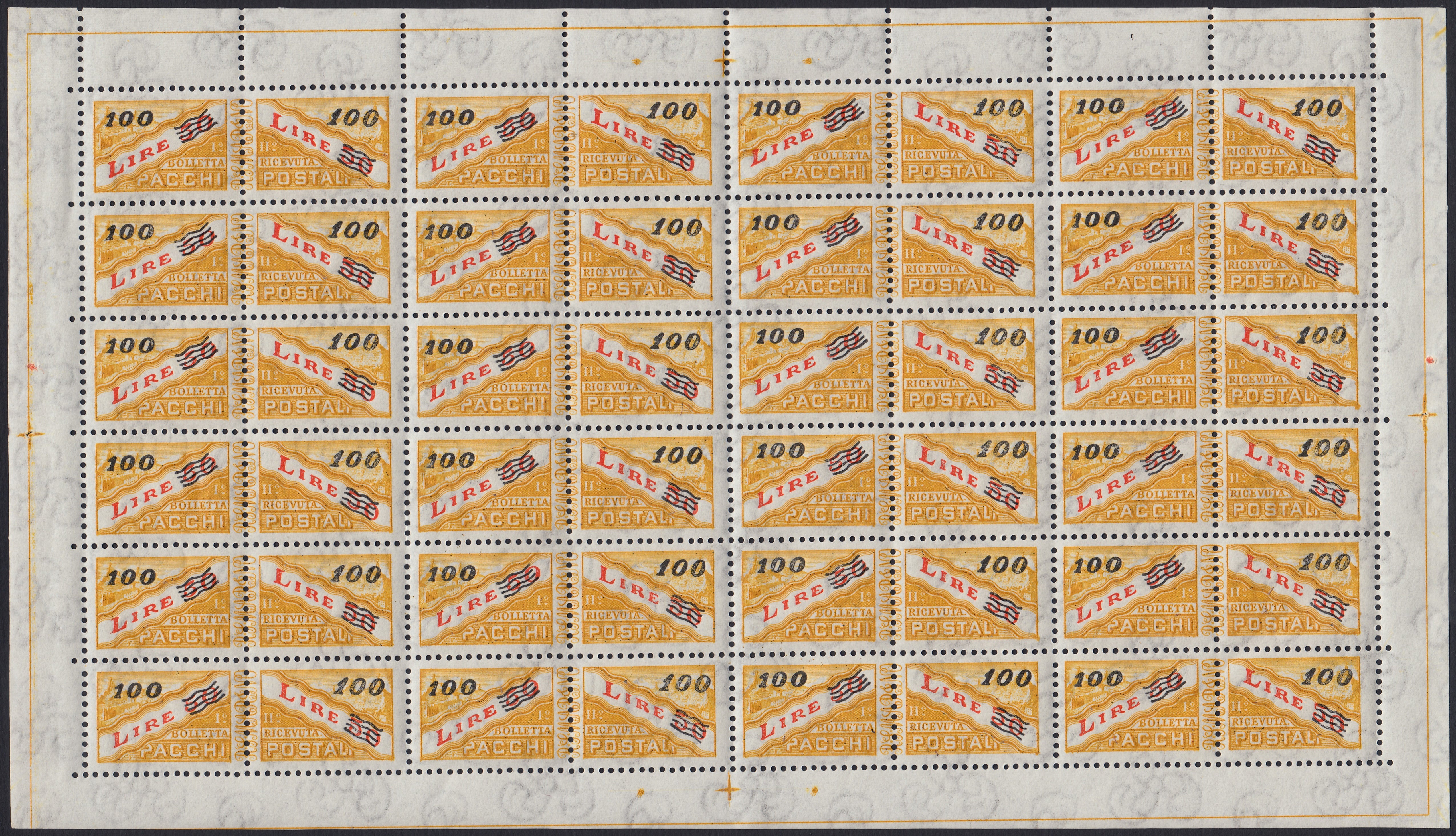 SM44 - 1947 - Centennial of the First United States Postage Stamp, 3L. gray red and blue complete sheet of 40 copies with the first row on the right with additional perforation, new intact (331, 331ec)