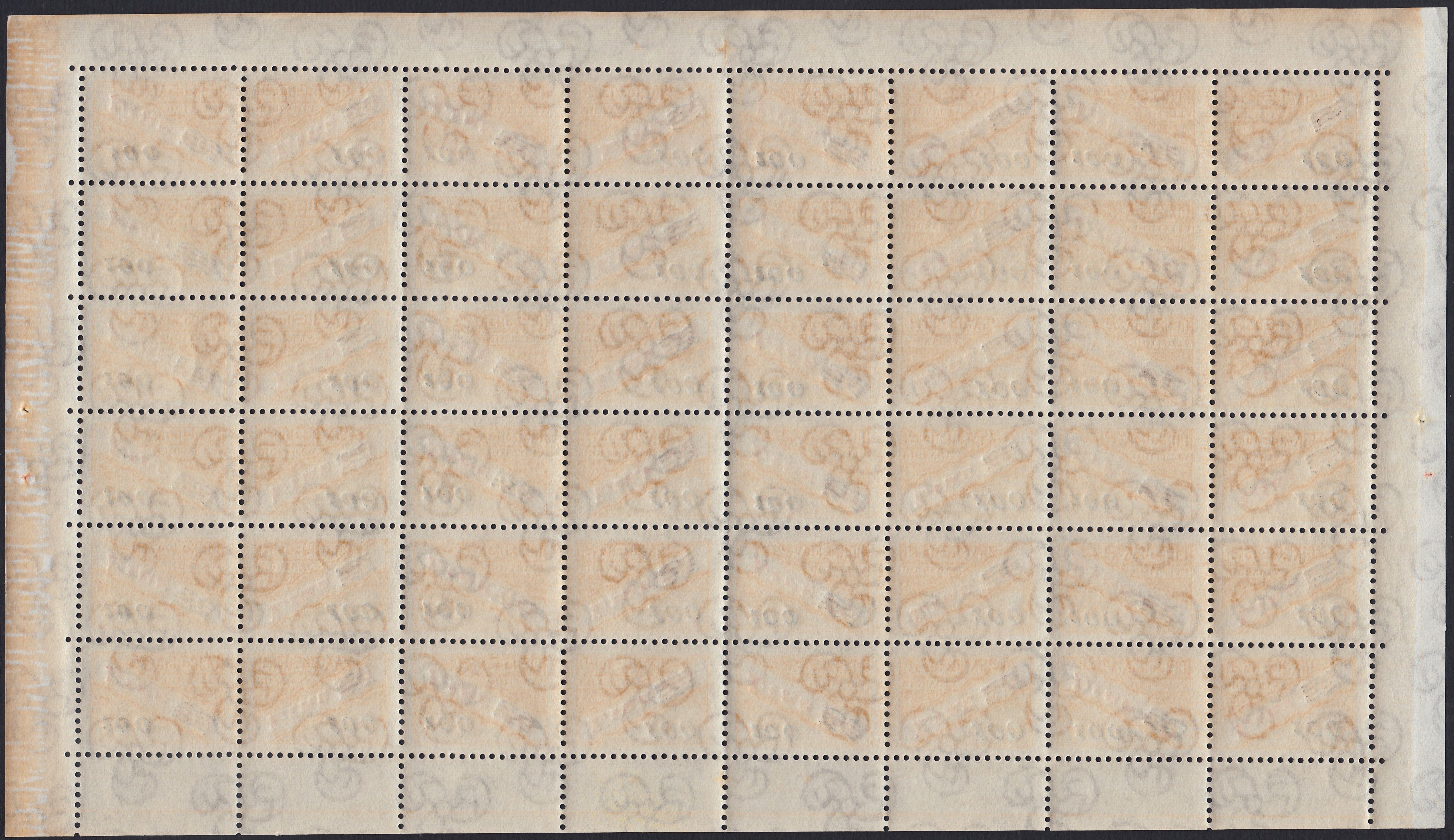 SM44 - 1947 - Centennial of the First United States Postage Stamp, 3L. gray red and blue complete sheet of 40 copies with the first row on the right with additional perforation, new intact (331, 331ec)