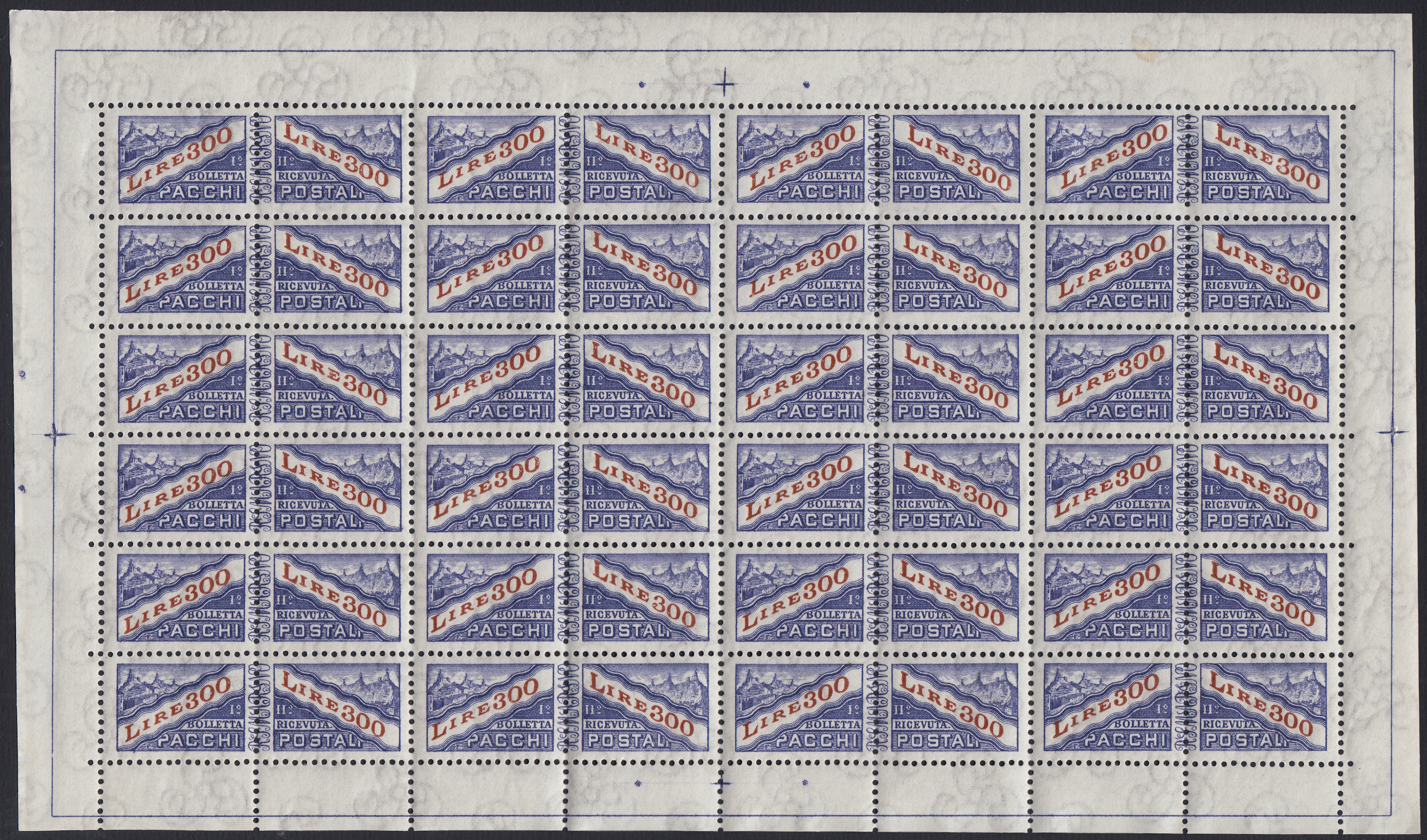 SM44 - 1947 - Centennial of the First United States Postage Stamp, 3L. gray red and blue complete sheet of 40 copies with the first row on the right with additional perforation, new intact (331, 331ec)