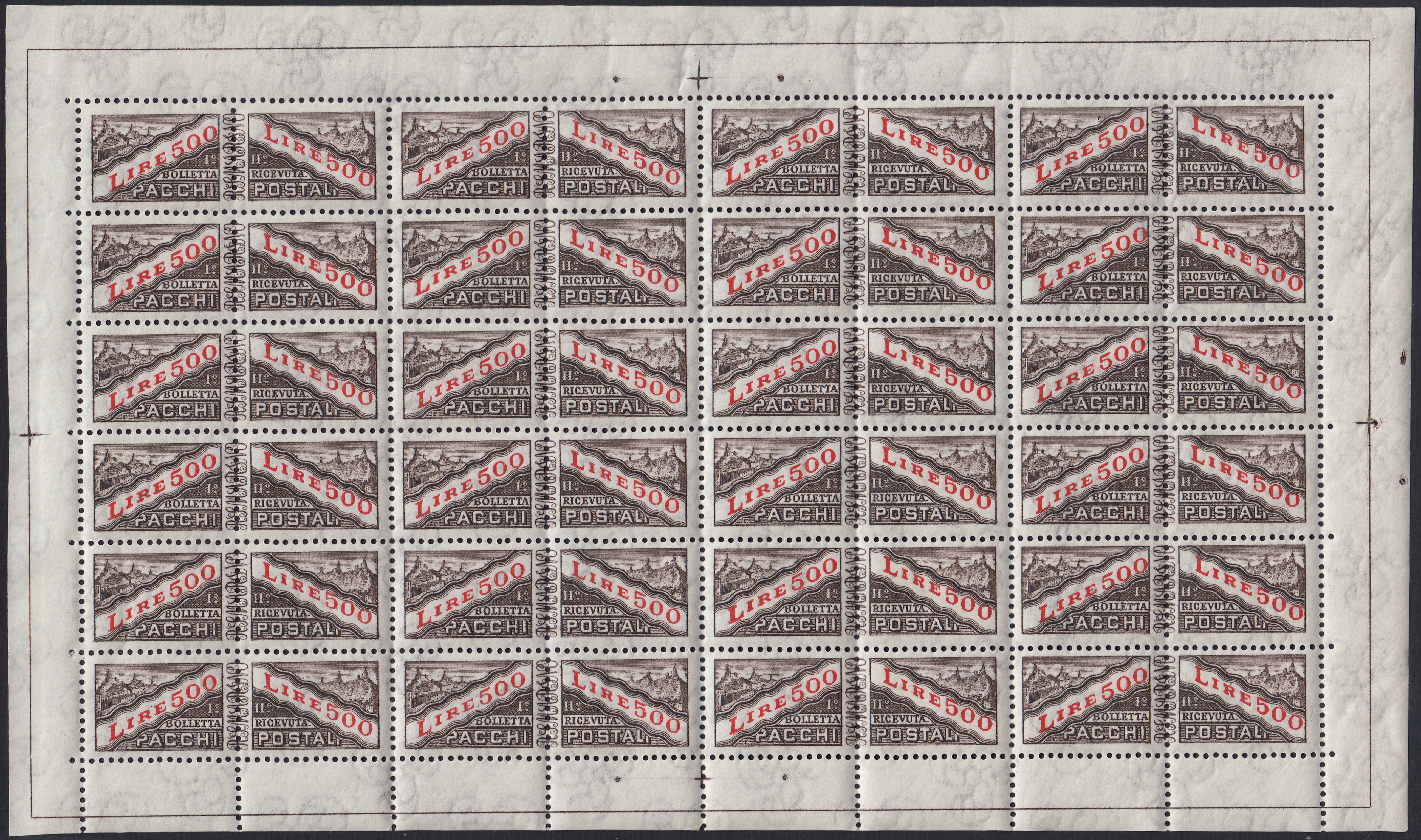 SM44 - 1947 - Centennial of the First United States Postage Stamp, 3L. gray red and blue complete sheet of 40 copies with the first row on the right with additional perforation, new intact (331, 331ec)