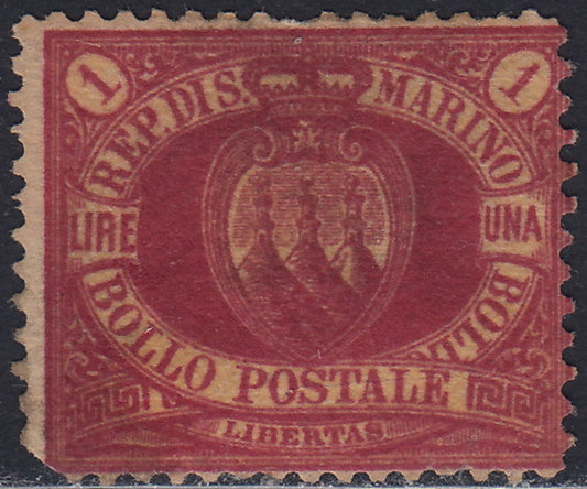 SM26 - 1892/4 - Coat of arms of the Republic, L. 1 carmine on new yellow without gum (20)