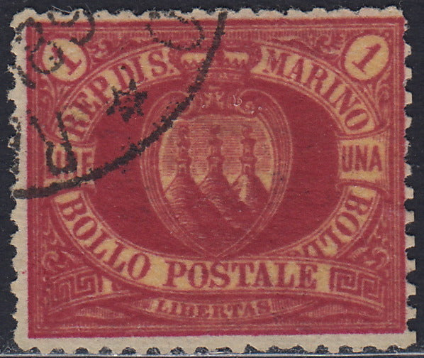 SM27 - 1892/4 - Stemma della Repubblica, L. 1 carminio su giallo usato (20)