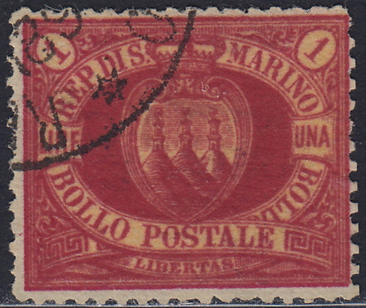 SM27 - 1892/4 - Coat of arms of the Republic, L. 1 carmine on used yellow (20)