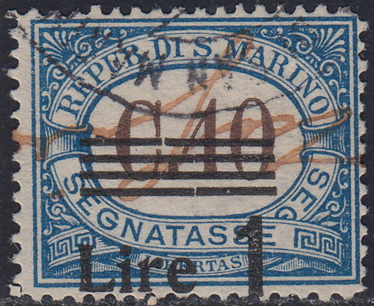 SM31 - 1940 - Segnatasse, Cifra, L. 1 su c. 40 azzurro con soprastampa fortemente spostata in basso, usato (62cb).