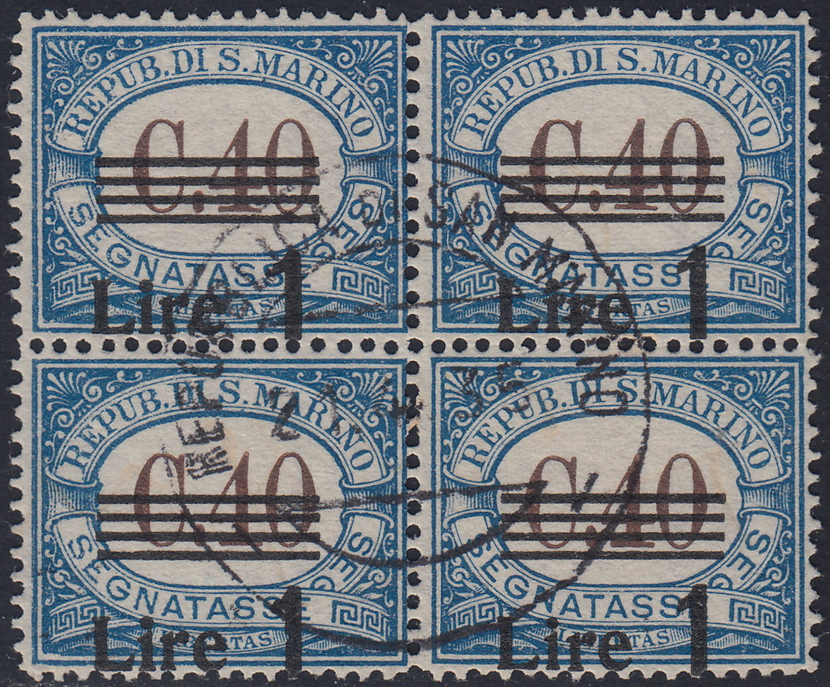 SM33 - 1940 - Segnatasse, Cifra, L. 1 su c. 40 azzurro blocco di 4 esemplari con soprastampa fortemente spostata in basso, usata (62cb).