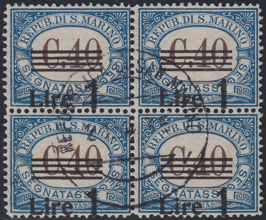 SM33 - 1940 - Segnatasse, Cifra, L. 1 su c. 40 azzurro blocco di 4 esemplari con soprastampa fortemente spostata in basso, usata (62cb).