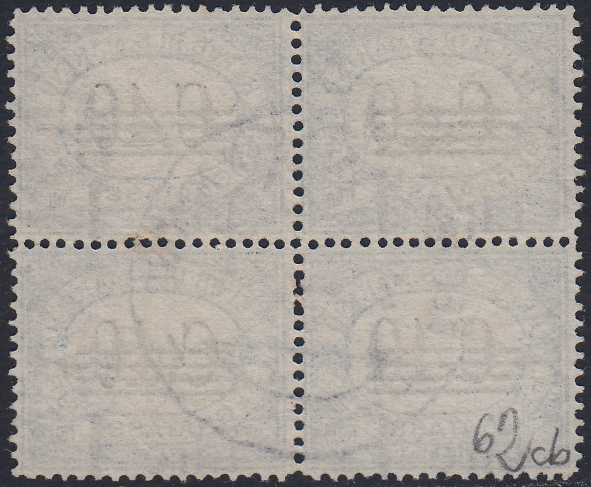 SM33 - 1940 - Segnatasse, Cifra, L. 1 su c. 40 azzurro blocco di 4 esemplari con soprastampa fortemente spostata in basso, usata (62cb).