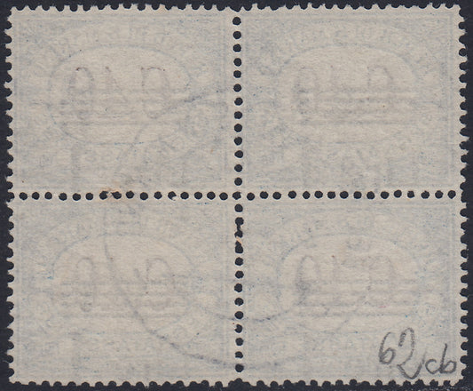 SM33 - 1940 - Postage due, Cifra, L. 1 on c. 40 light blue block of 4 copies with overprint strongly shifted towards the bottom, used (62cb).