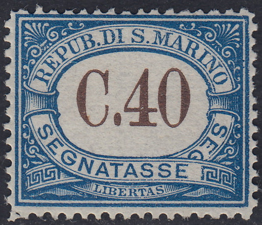 SM35 - 1939 - Segnatasse, Cifra, c. 40 azzurro esemplare senza filigrana nuovo con gomma integra (58b).