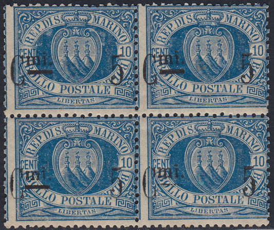 SM36 - 1892 - Coat of arms of the Republic, c. 5 on c. 10 light blue block of four new copies with intact rubber, the fourth with the "Linea fine" variety (8 + 8q)