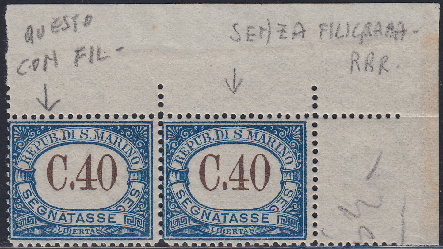 SM37 - 1939 - Segnatasse, Cifra, c. 40 azzurro coppia orizzontale di cui un esemplare senza filigrana nuovacon gomma integra (58 + 58b).