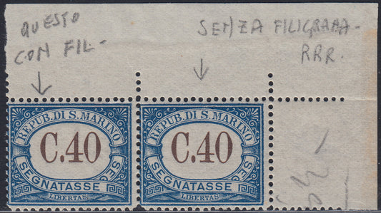 SM37 - 1939 - Tax Postage, Cifra, c. 40 blue horizontal pair of which one example without watermark, new with intact gum (58 + 58b).