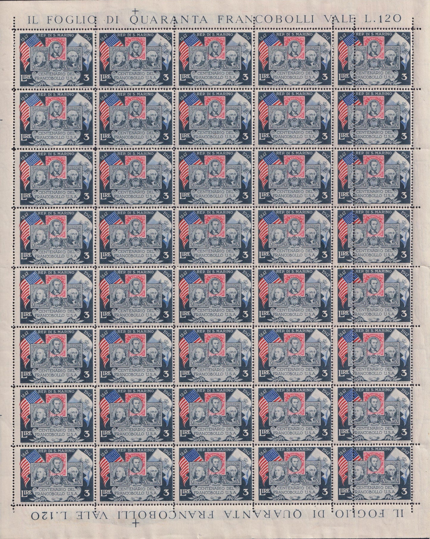 SM44 - 1947 - Centennial of the First United States Postage Stamp, 3L. gray red and blue complete sheet of 40 copies with the first row on the right with additional perforation, new intact (331, 331ec)