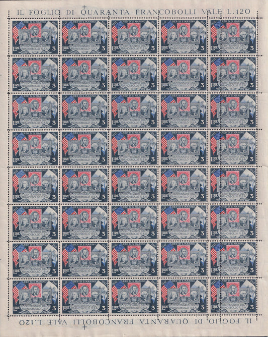 SM44 - 1947 - Centennial of the First United States Postage Stamp, 3L. gray red and blue complete sheet of 40 copies with the first row on the right with additional perforation, new intact (331, 331ec)