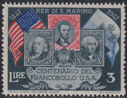 SM47 - 1947 - Centenario del primo francobollo USA, 3L. grigio rosso e azzurro con varietà "Stampa dell'azzurro recto-verso" nuovo gomma integra (331fb)