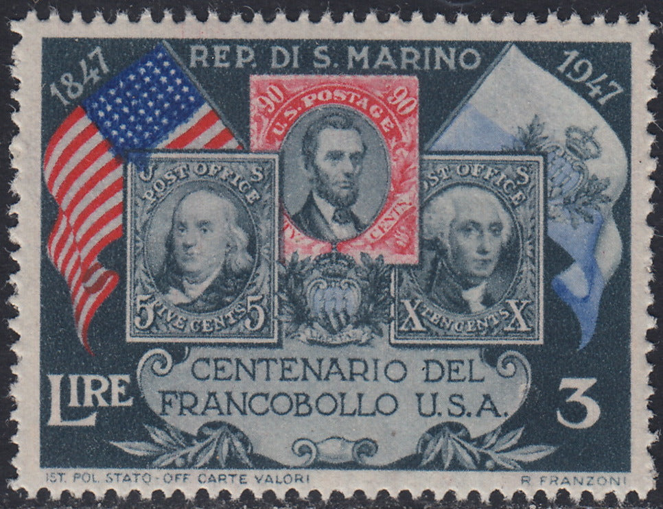 SM47 - 1947 - Centenario del primo francobollo USA, 3L. grigio rosso e azzurro con varietà "Stampa dell'azzurro recto-verso" nuovo gomma integra (331fb)