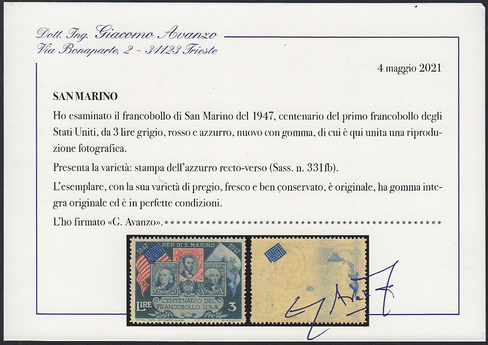 SM47 - 1947 - Centenario del primo francobollo USA, 3L. grigio rosso e azzurro con varietà "Stampa dell'azzurro recto-verso" nuovo gomma integra (331fb)