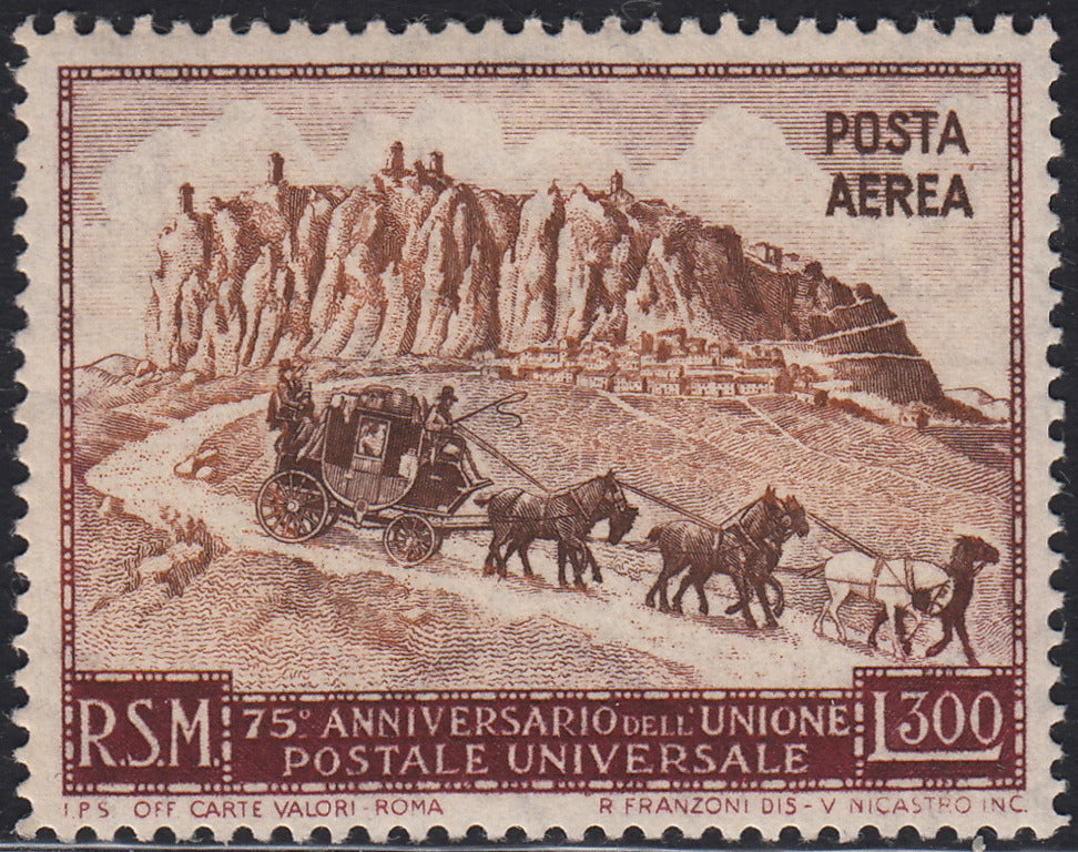 SM51 - 1951 - Posta Aerea, UPU, lire 300 rosso e bruno nuovo con gomma integra (95).