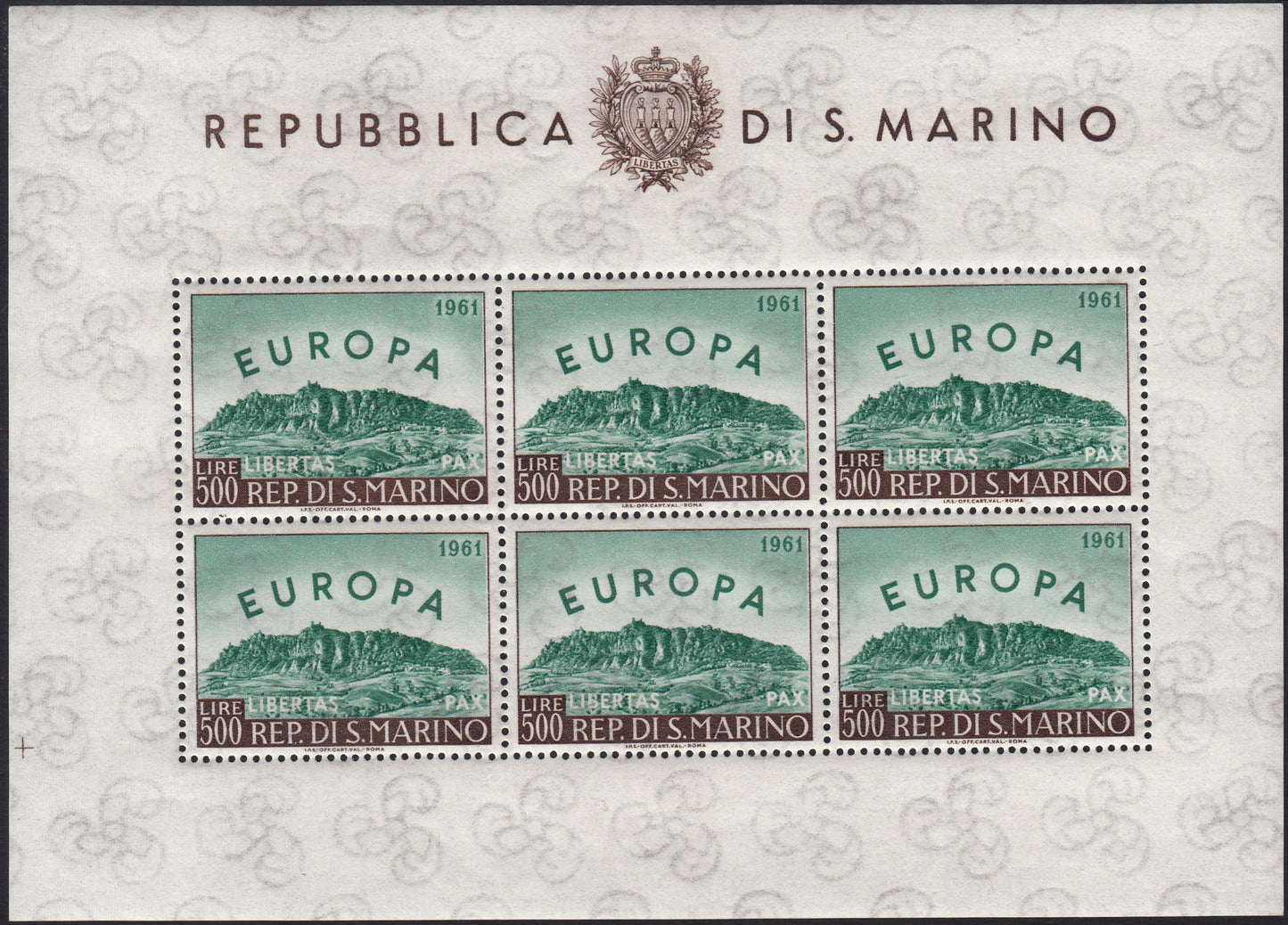 SM56 - 1961 - EUROPA UNITA, L. 500 verde e bruno foglietto di sei esemplari nuovo con gomma integra (568, F23)