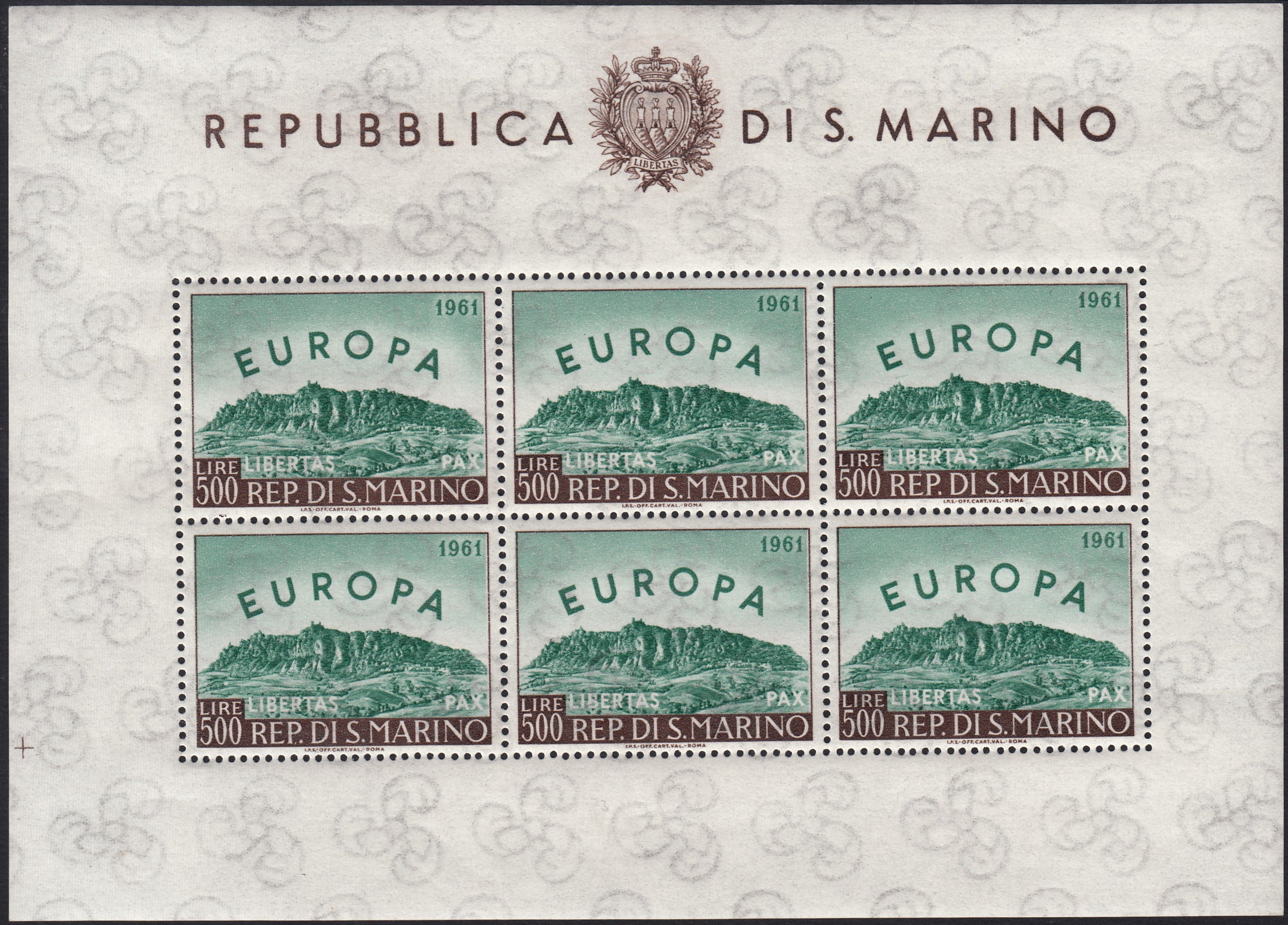 SM56 - 1961 - EUROPA UNITA, L. 500 verde e bruno foglietto di sei esemplari nuovo con gomma integra (568, F23)