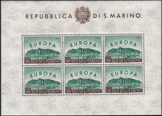 SM56 - 1961 - EUROPA UNITA, L. 500 verde e bruno foglietto di sei esemplari nuovo con gomma integra (568, F23)