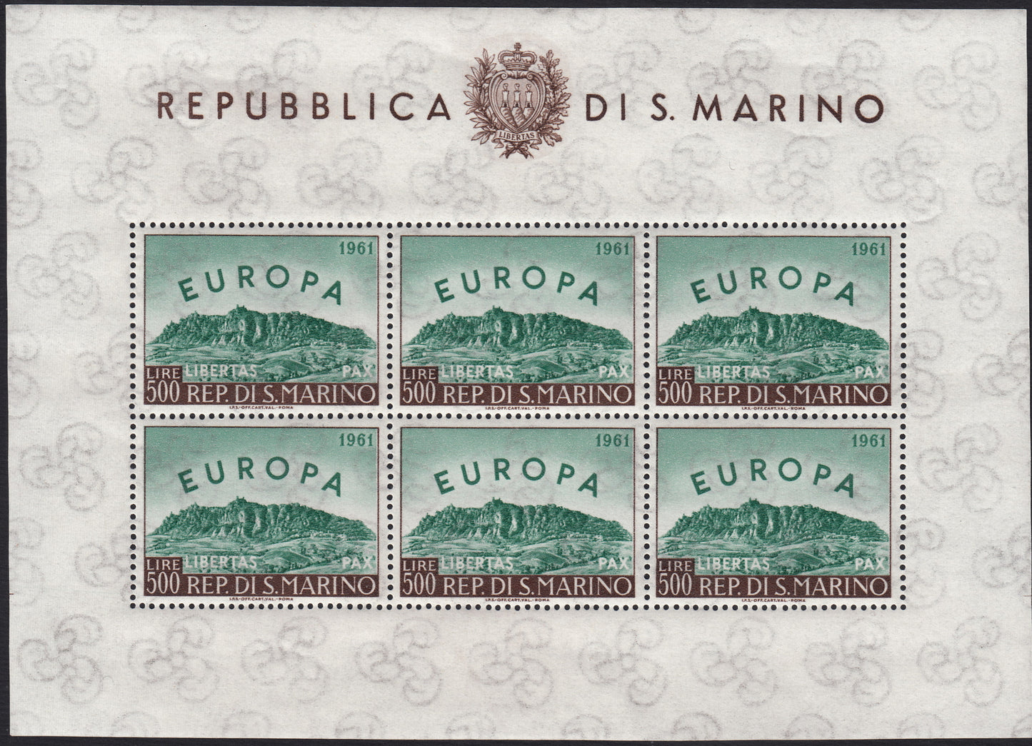 SM57 - 1961 - EUROPA UNITA, L. 500 verde e bruno foglietto di sei esemplari nuovo con gomma integra (568, F23)